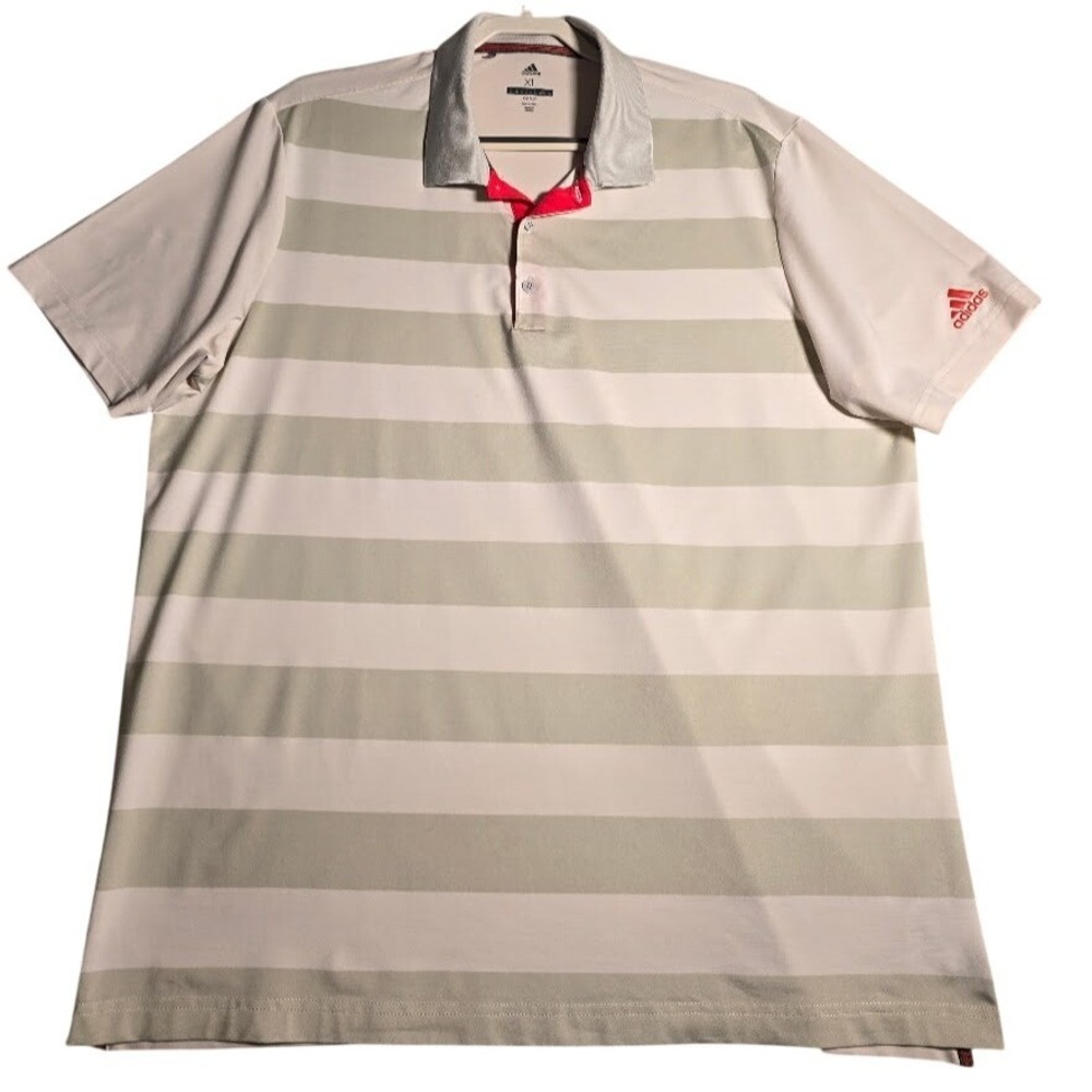 Adidas Golf Mens XL Striped Performance Polo Shirt‎ Grey White Red Short Sleeve